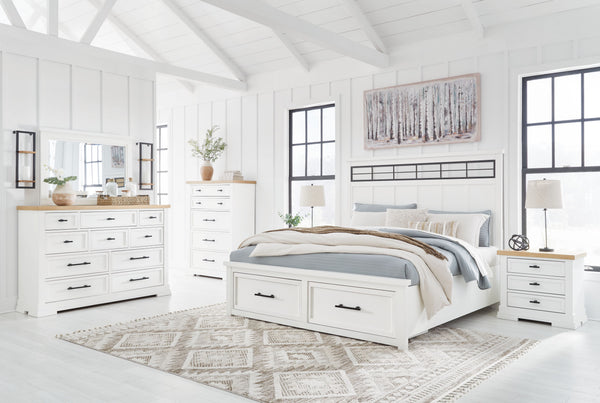 Ashbryn - 7 Pc. - Dresser, Mirror, King Panel Storage Bed, 2 Nightstands - White / Natural