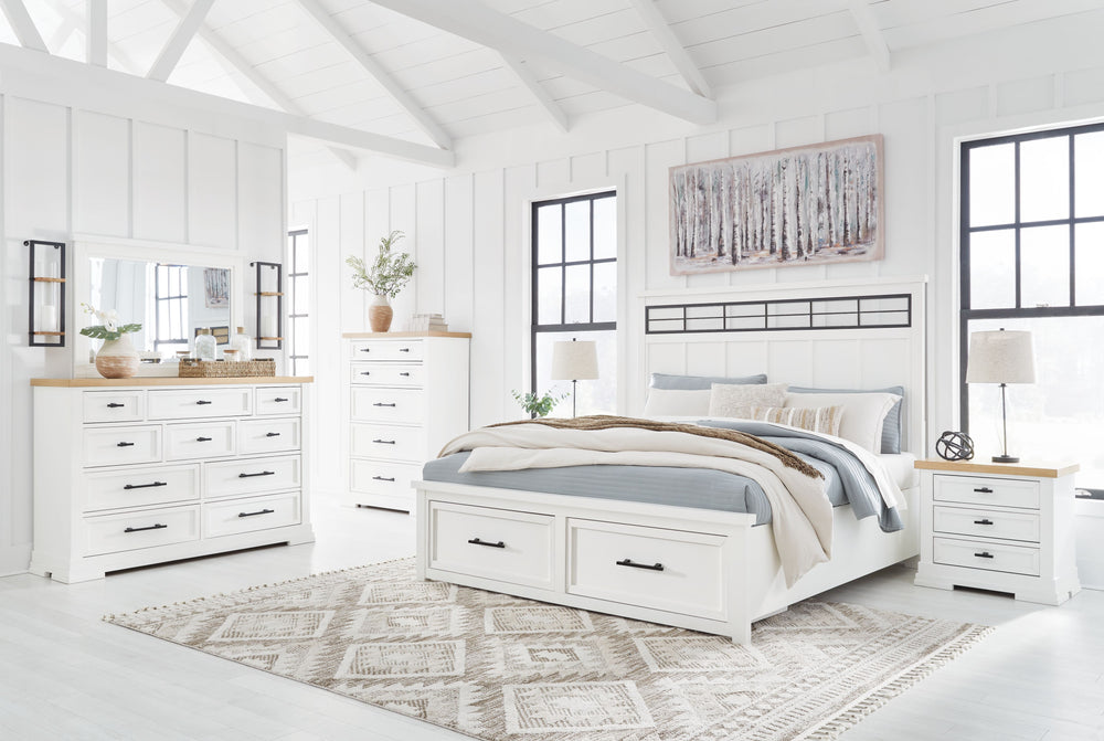 Ashbryn - 5 Pc. - Dresser, Mirror, Queen Panel Storage Bed - White / Natural