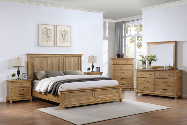 The Sunstone 6 Piece Wood Bedroom Set in Honey Brown includes a Panel Bed, dresser, mirror, chest, and two nightstands, all crafted with durable, quality construction using solid rubberwood, manufactured woods, and hickory wood veneers. This collection sh