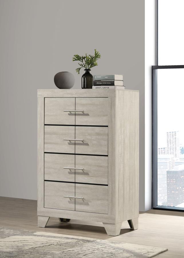 This four-drawer chest offers a stylish combination of rustic charm and modern design, making it a perfect storage solution for contemporary bedrooms. Finished in a rustic cream with rough-sawn, white-washed engineered paper veneer, it has a warm, texture