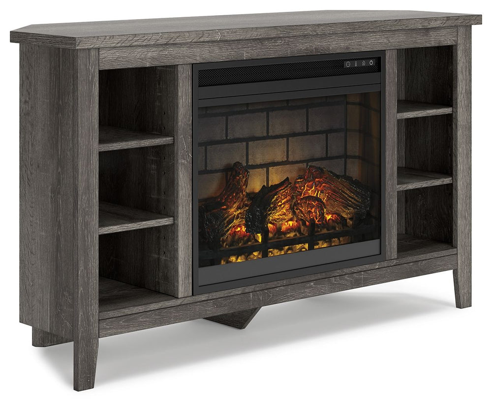 With its replicated weathered oak finish and authentic charm, this corner TV stand with electric fireplace is right in tune with your relaxed approach to high style. Beautifully shaped to nestle into any corner, itâ€™s well equipped with adjustable and fi
