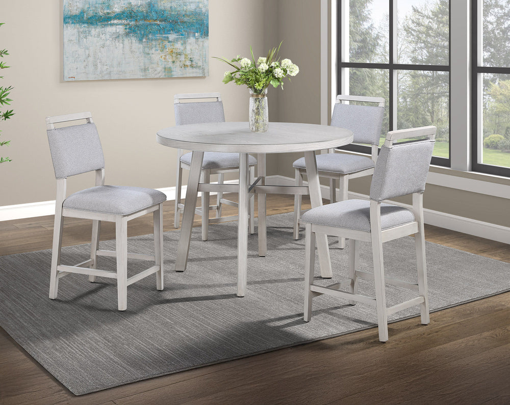 Elevate your dining experience with this stylish counter-height set, designed for both casual meals and lively gatherings. The round tabletop features a charming weathered finish, adding a touch of rustic elegance while maintaining a modern feel. The coor