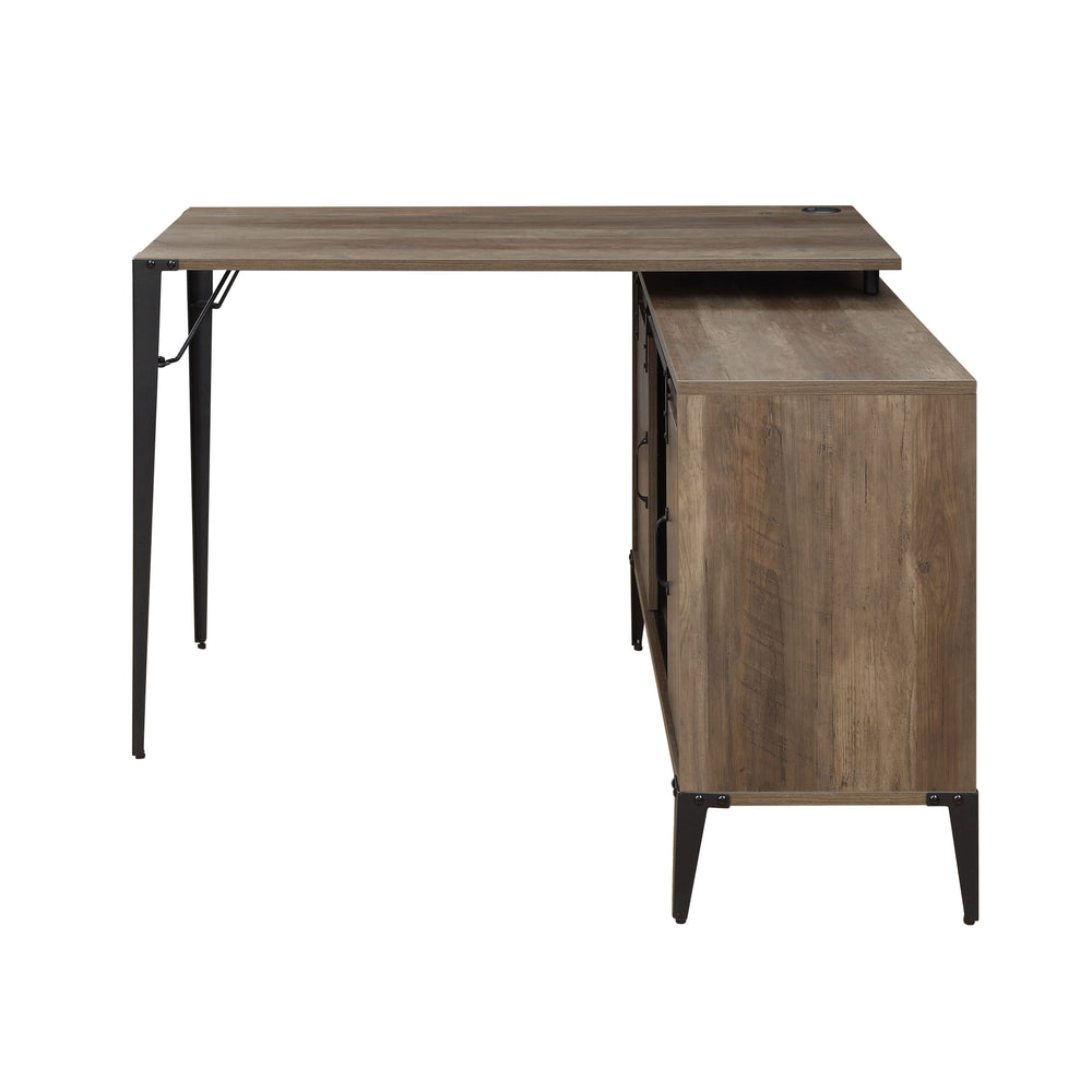 Rustic wooden frame and black metal accent complete an industrial chic look. This desk includes a storage cabinet topped with a rectangle desktop, creating a clever and functional L-shaped work station. Additional cabinet features two sliding doors and si