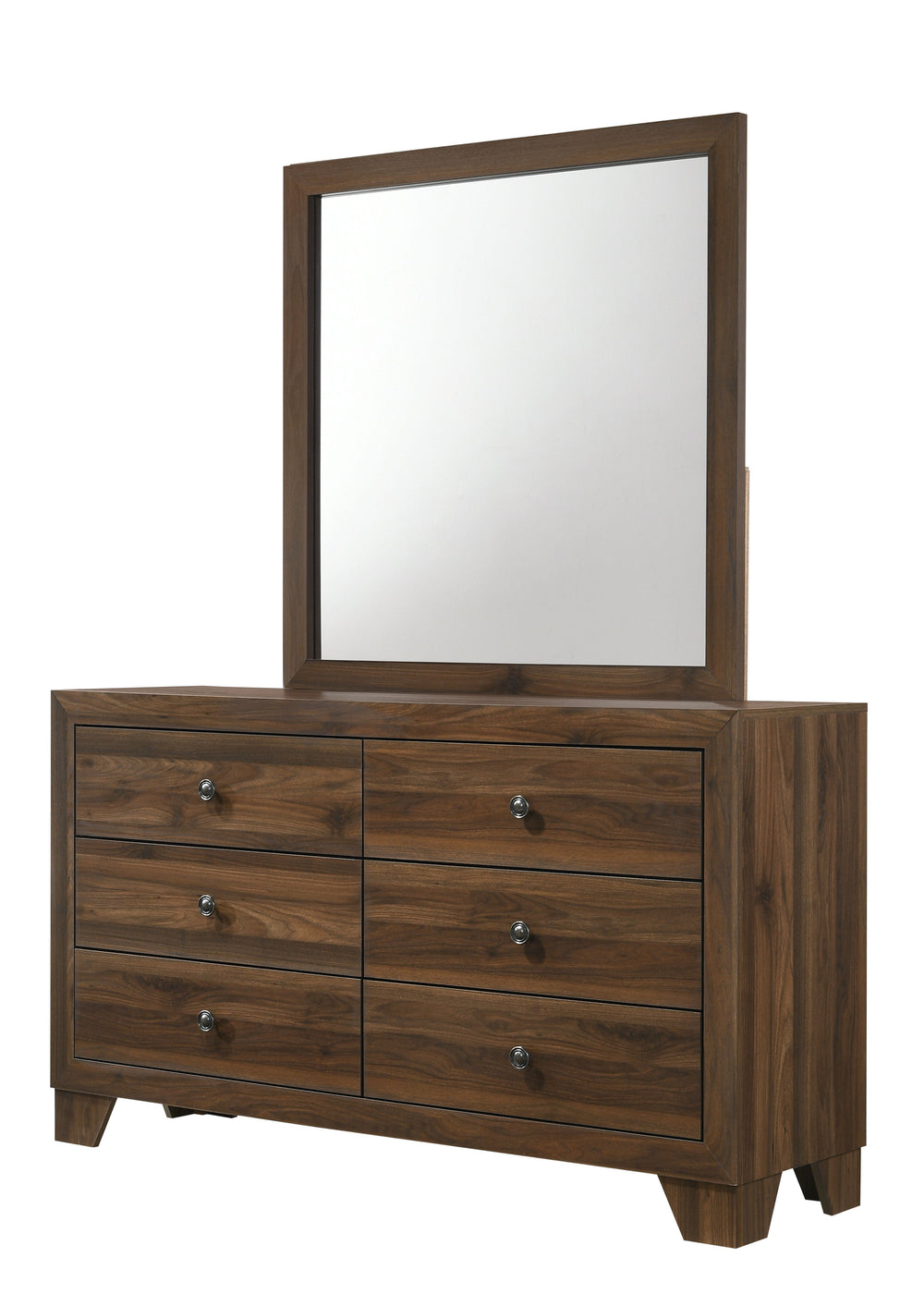 This bedroom set offers a minimalist design with a nod to rustic aesthetics, perfect for creating a serene and uncluttered space. The straightforward lines of the bed frame, combined with the rich wood finish, exude a sense of calm and earthiness. The acc