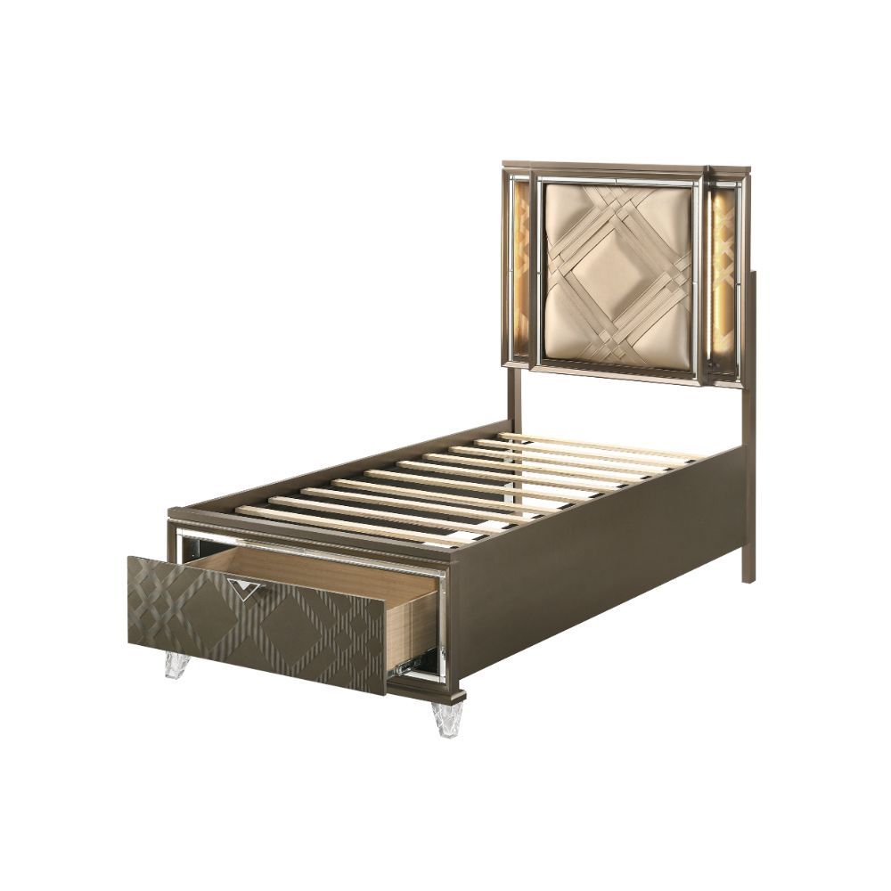 The Skylar collection immerses you in enduring glam and sophistication. Delight yourself in the features the stunning bed offers. Including champagne leatherette geometric padded headboards with touch function led lighting and matching wood frame embossed