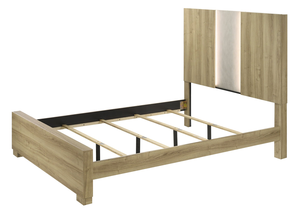 This bedroom set encapsulates modern minimalism, rendered in a soothing, natural wood finish that brings an organic, airy feel to any bedroom. The clean-lined bed boasts a broad headboard that stands as a subtle statement piece with integrated lighting. A