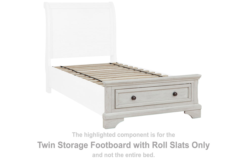 This twin storage footboard with roll slats is made with wood, select oak veneer, engineered wood and cast resin components. Pairs with other items in the series to make a bed kit.<br><br><b>Additional Dimensions</b><br><ul><li>Drawer interior: 0-"</li></