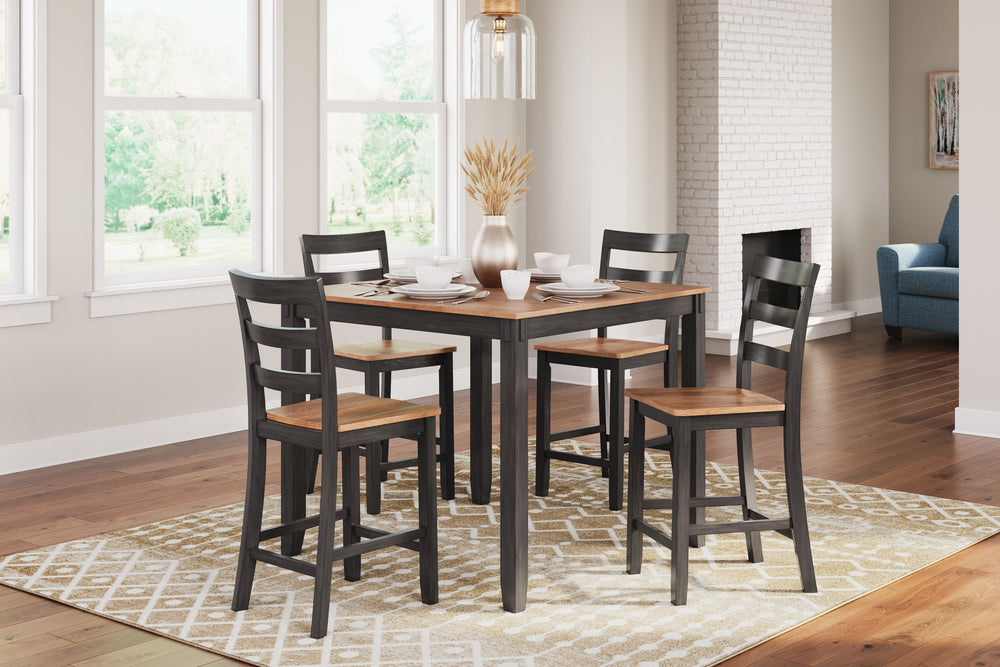  yet it still turns heads. The two-tone table and bar stools are effortlessly handsome. And the ladderback bar stools cater to your