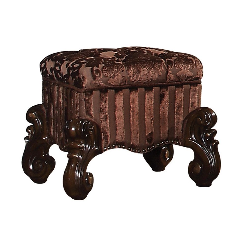 The Versailles vanity stool is the perfect accent to create the style of royalty your bedroom has been needing. This vanity stool crafted in wood with cherry oak finish was inspired by old European design with an upholstered tight seat cushion with welted
