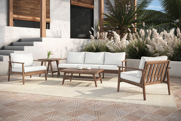 The Ashton 5-Piece Patio Set in Natural, featuring a spacious sofa, two club chairs, an end table, and a coffee table, is the perfect blend of durability, comfort, and timeless style for any outdoor space. Expertly crafted from FSC-Certified Acacia solid 