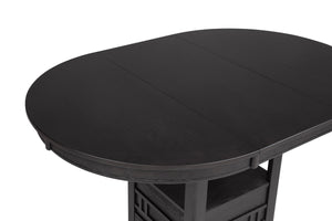  round table features a removeable leaf and a open shelf base