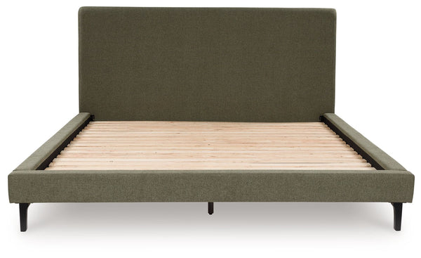  retooled for todayâ€™s trends. This king upholstered bed puts an elevated twist on mod aesthetics. Its chic sage green hue reflects the mid-century vibes you love