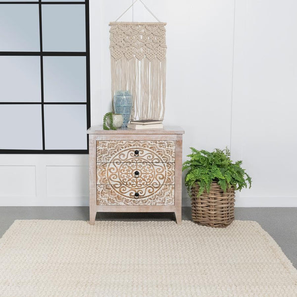  the cabinet features three drawers perfect for tucking away essentials and accessories in a tidy living area or bedroom. A whitewas