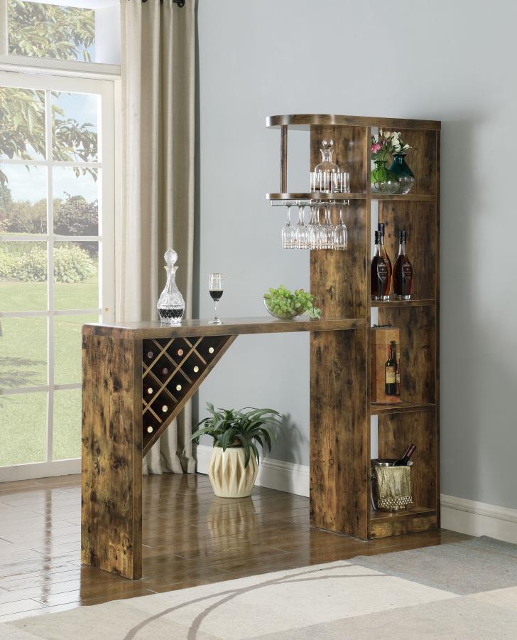This is an artful, asymmetrical use and storage solution for the wine connoisseur who craves eye-catching style along with practicality. Four roomy vertical compartments allow for intelligent storage of bottles or glasses, with an additional, striking dia