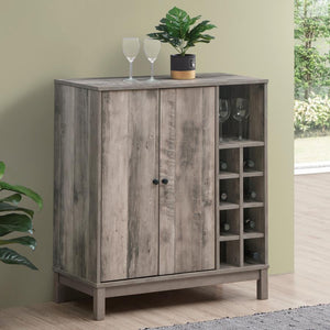  this wine cabinet lends itself to modern farmhouse style living rooms and dining rooms. On the right side are eight wine bottle storage cubb