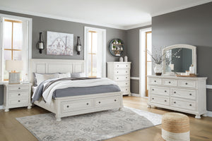 Robbinsdale - Juego de 5 piezas - Cómoda, Espejo, Cama King con panel de almacenamiento - Blanco antiguo