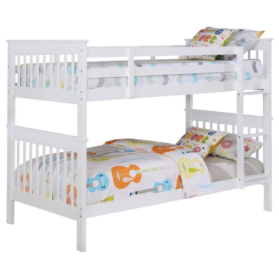 Crisp lines and colors make this classic bunk bed perfect for a multi-functional space. Save room with the built-in ladder and sturdy guard rail. Crafted of solid pine, the sleek lines in the silhouette are supportive and offer enough room for under-the-b