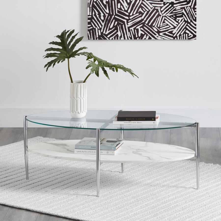 Elevate your living room with this sleek oval coffee table, doubling as a cocktail table centerpiece. The clear tempered glass top offers durability and a modern touch, while the white faux marble shelf provides functional storage with a luxurious look. A