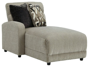 This left-arm facing power reclining back chaise is made with polyester upholstery. Pairs with other items in the series to make a sectional.<br><br><b>Additional Dimensions</b><br><ul><li>Leg height: 2.5-"</li><li>Minimum width of doorway for delivery: 3