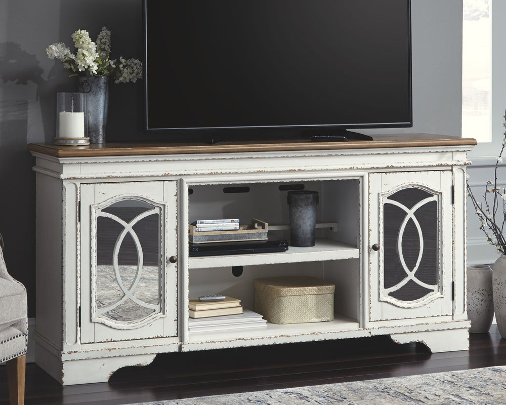 Elevating the art of traditional cottage styling, this TV stand with fireplace option is beautifully in tune with your taste. Antiqued two-tone aesthetic blends a chipped white with a distressed wood tone top for added charm. Cabinet doorsâ€™ decorative f