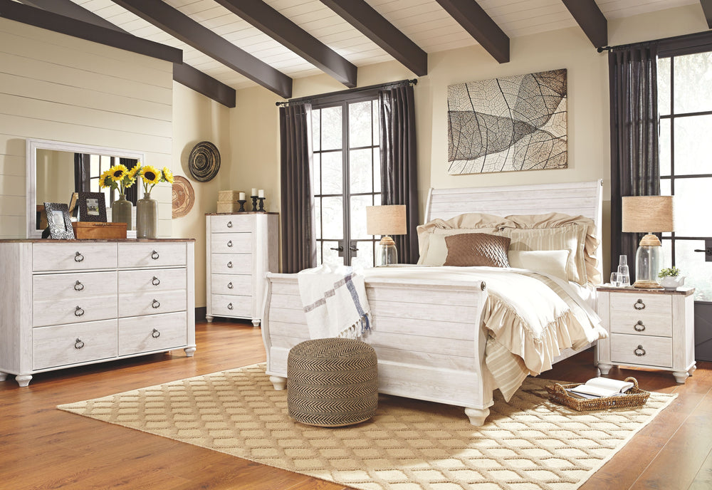Willowton - 5 piezas - Cómoda, espejo, cama Queen Sleigh - Lavado blanco