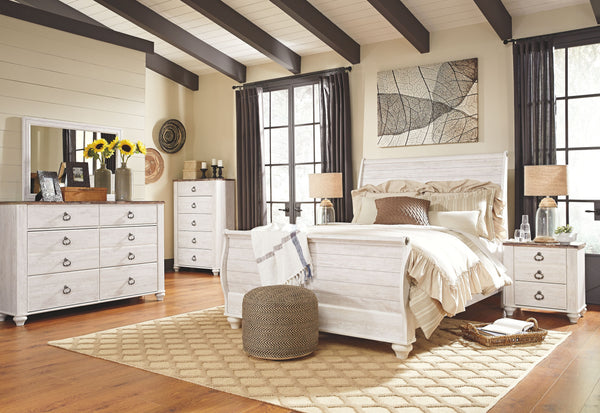 Willowton - 5 piezas - Cómoda, espejo, cama Queen Sleigh - Lavado blanco