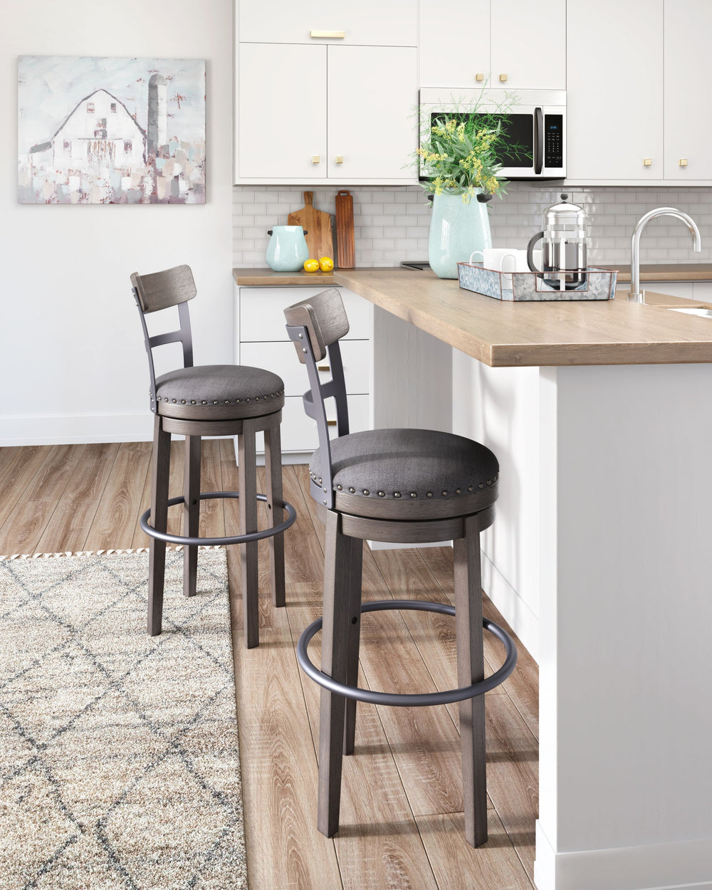 Bring a relaxed yet refined sense of good taste to a space with this upholstered swivel bar stool. The sturdy wood frame with contoured backrest is beautified with an antiqued gray wash finish thatâ€™s easy on the eyes. Rest assured, this bar stool caters