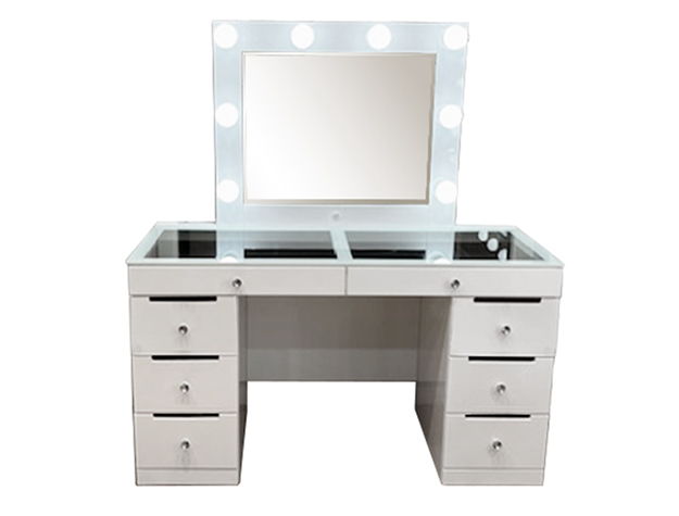Step into a world of glamour with this sleek and chic vanity set, a perfect fusion of functionality and fashion. Its glossy white finish and clean lines are complemented by the sparkle of crystal-like knobs, adding a touch of sophistication to your person