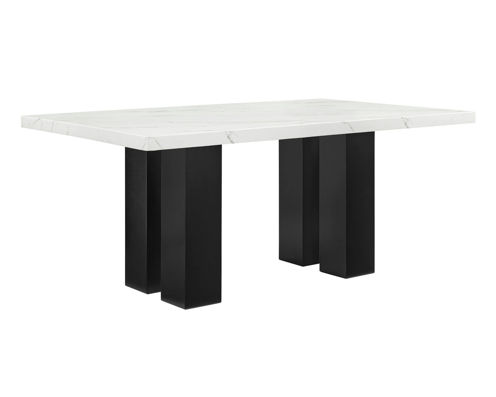 This dining group brings modern sophistication to your dining space with its sleek, contemporary design. The eye-catching marble-like tabletop adds a touch of luxury, perfectly balanced by the sturdy, dark-finished base for a striking contrast. The comfor