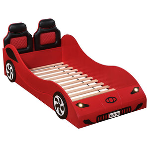  available in sleek white and vibrant red finishes. Featuring a car seat style headboard with plush padding