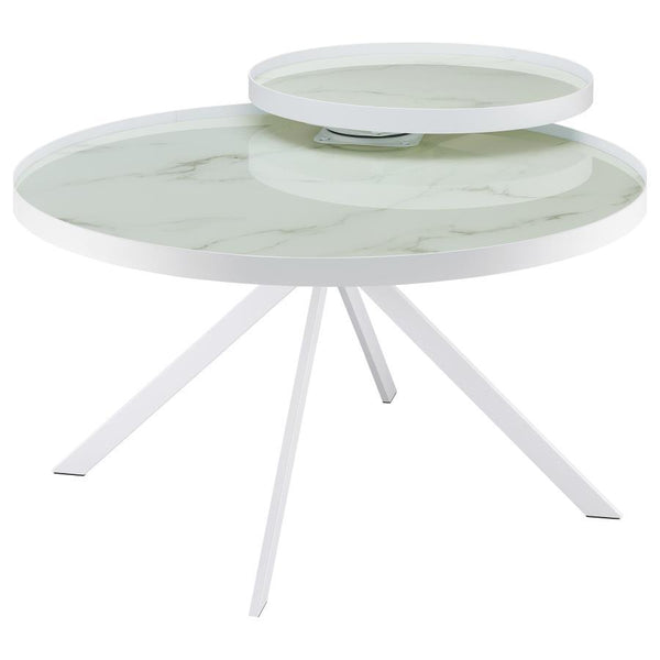 Briggs - Round Marble Printed Glass Top Coffee Table - White