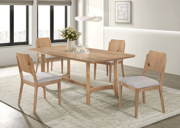 Elevate your dining space with this stylish and modern dining set, designed to blend seamlessly with contemporary and minimalist interiors. Crafted with a warm wood finish, this collection exudes natural charm while offering durability and stability. The 