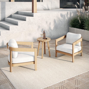 The Wesley 3-Piece Wood Patio Set, featuring two club chairs with plush white cushions and a matching end table, offers the perfect blend of durability, comfort, and modern elegance for any outdoor space. Expertly crafted from FSC-Certified Acacia solid w