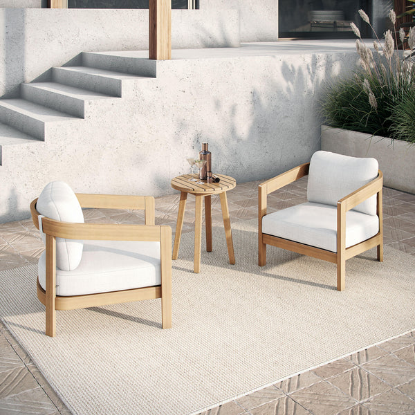 The Wesley 3-Piece Wood Patio Set, featuring two club chairs with plush white cushions and a matching end table, offers the perfect blend of durability, comfort, and modern elegance for any outdoor space. Expertly crafted from FSC-Certified Acacia solid w
