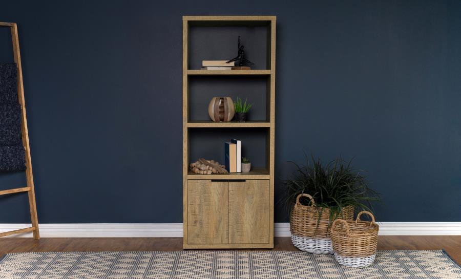 The best of both worlds, a charming media tower bookcase adds both open display space and hidden storage in your inviting living room. Featuring a melamine paper finish that resembles mango wood, complete with roughhewn saw marks for a realistic, textured