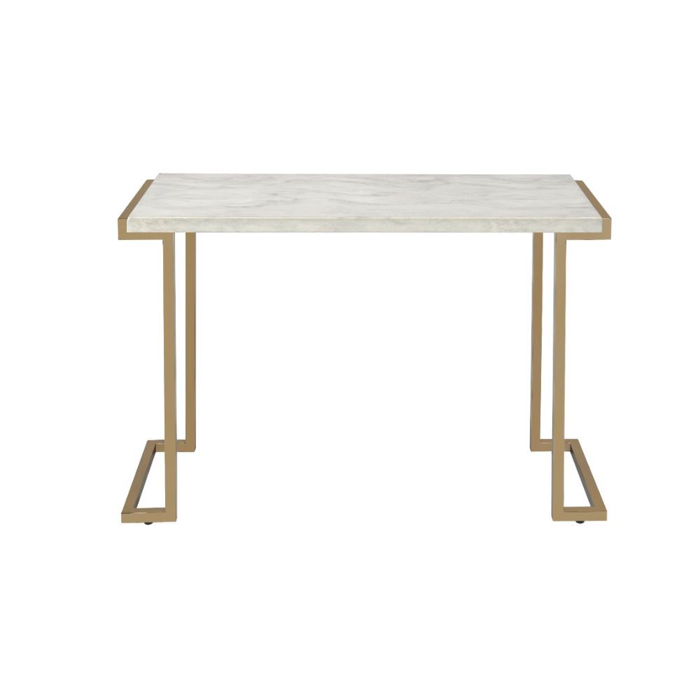 The Boice II occasional table set features a trending combination of sleek and contemporary style, with faux marble top and champagne finish metal base. The modern lines of the base with its open return base and simple form top, make for an modern feel an