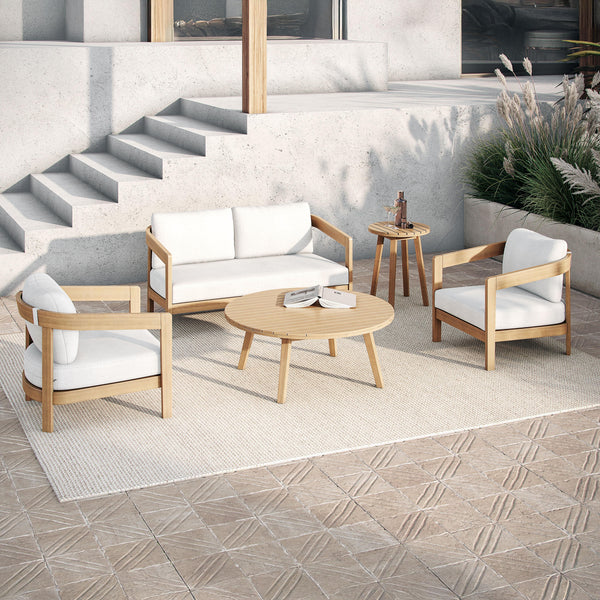 The Wesley 5-Piece Wood Patio Set offers the perfect blend of durability, comfort, and modern elegance for outdoor living. This set includes a cozy loveseat, two inviting club chairs with plush white cushions, a stylish coffee table, and a practical end t