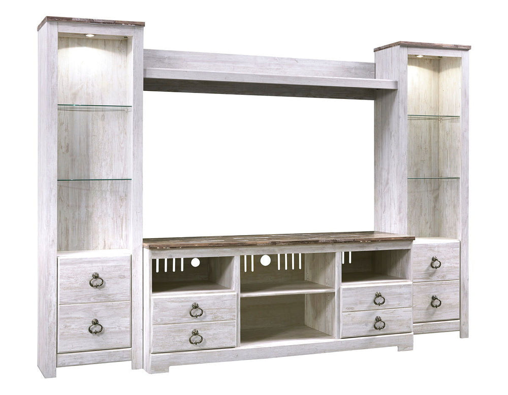 This entertainment center with fireplace option is the ultimate statement piece for your coastal cottage or shabby chic inspired retreat. Whitewashed finish is wonderfully easy on the eyes. Paired with the TV standâ€™s unique plank-style top, itâ€™s a dri