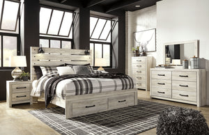 Cambeck - 5 Piezas - Cómoda, Espejo, Cama King con Panel y 2 Cajones de Almacenamiento - Acabado Blanqueado