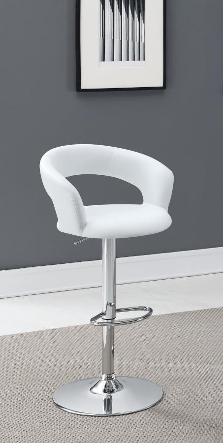  the stool rests on a pedestal base. The seat boasts a curved back that uses negative space to create a compelling look. Upholstered in white 