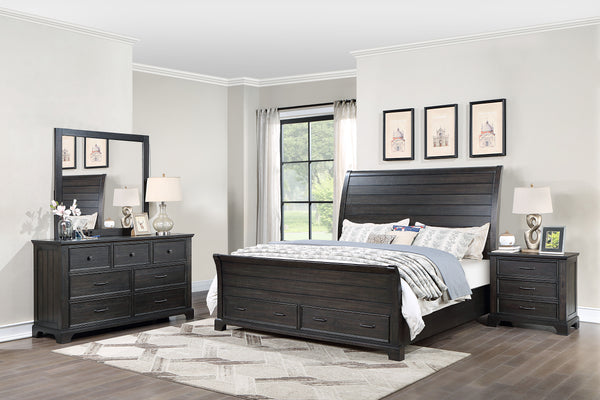 Create a sanctuary of elegance and comfort with the Stafford County 4 Piece Wood Bedroom Set in walnut brown. This inviting set includes a sleigh platform bed with a storage base, a dresser, a mirror, and a nightstand, all crafted from solid acacia, manuf