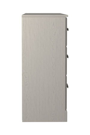  white hue over subtle replicated wood grain easily complements other furniture finishes. Smooth drawer fronts with antiqued pewter-tone handles complete the a