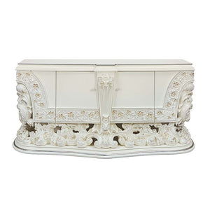  the Adara bed blends in contemporary touches with traditional design details. The PU adds a fresh approach to the intricately embellished bed. The antique white is embellished with light gold 