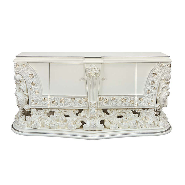  the Adara bed blends in contemporary touches with traditional design details. The PU adds a fresh approach to the intricately embellished bed. The antique white is embellished with light gold 