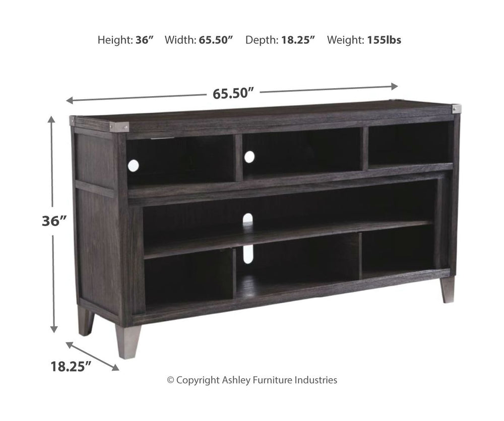 Make watching TV a joy with this large TV stand. Top surface accommodates up to 70-inch TVs. Its rustic-industrial style is sure to complement any contemporary decor through gray coloration, squared edges, zinc-tone corner bracket accents and nailhead det