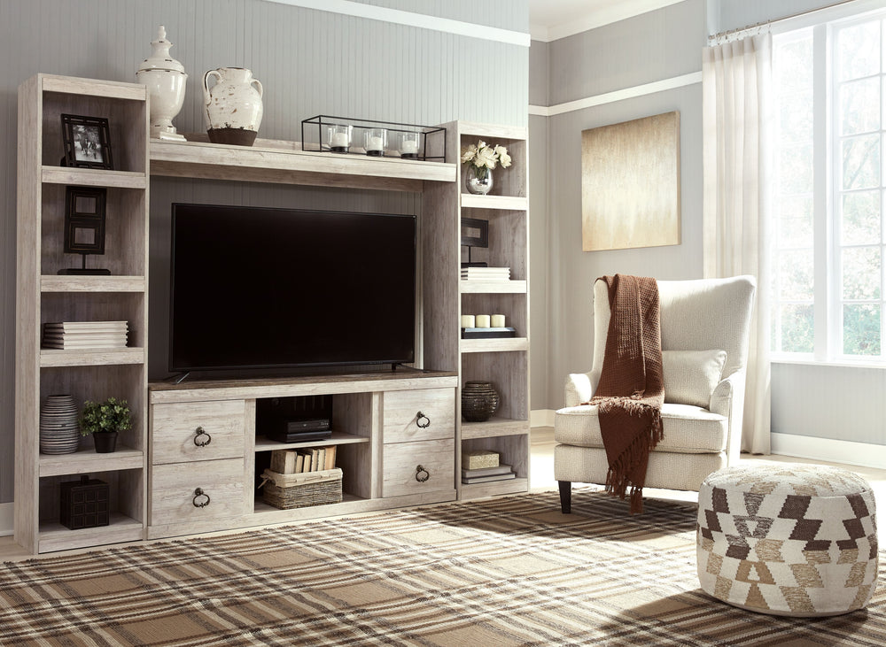 This entertainment center is the ultimate statement piece for your coastal cottage or shabby chic inspired retreat. Its whitewash finish is wonderfully easy on the eyes. Paired with the TV standâ€™s unique plank-style top, it-'s a driftwoody look that has
