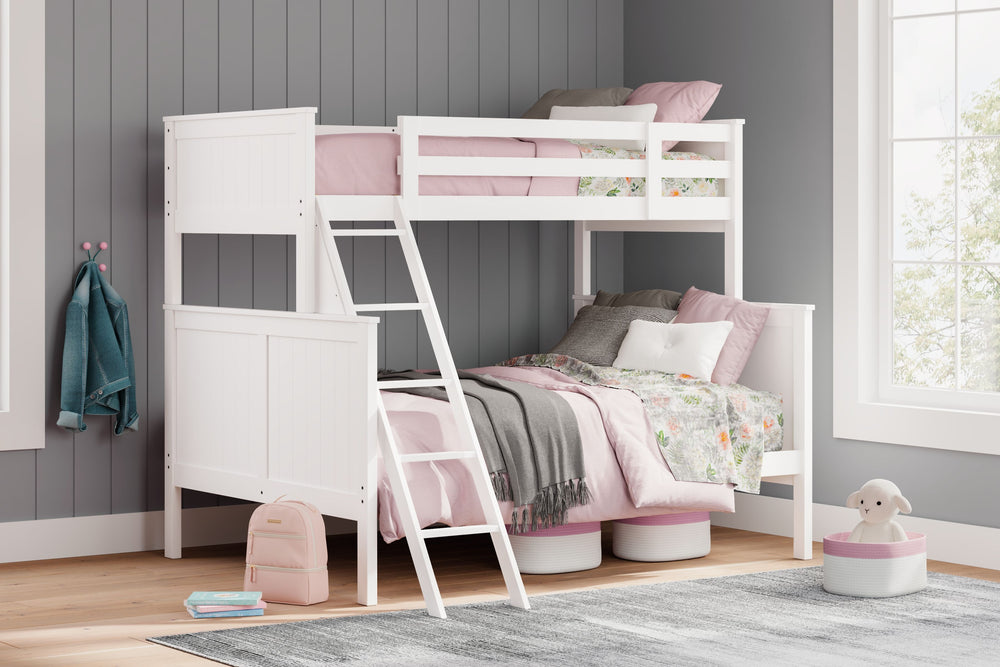 Maximize space and turn your kids-' bedtime into an adventure with this cool twin-over-full bunk bed. It-'s an effortless addition to any bedroom, with a timeless Shaker style that-'s wonderfully finished in crisp white. Guard rails on the top bunk help e