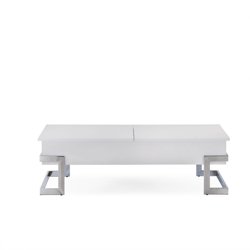 The Calnan coffee table has it all, good looks with its chrome modern legs exposed on the outside of a white box top. Full of surprises, like lift top tray and slide top storage with additional storage under the lift up tray. This table will ensure your l