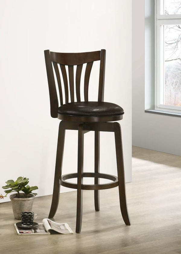 it features a dark cherry wood grain finish that-'s warm and inviting. The seat is covered in plush foam and dark
