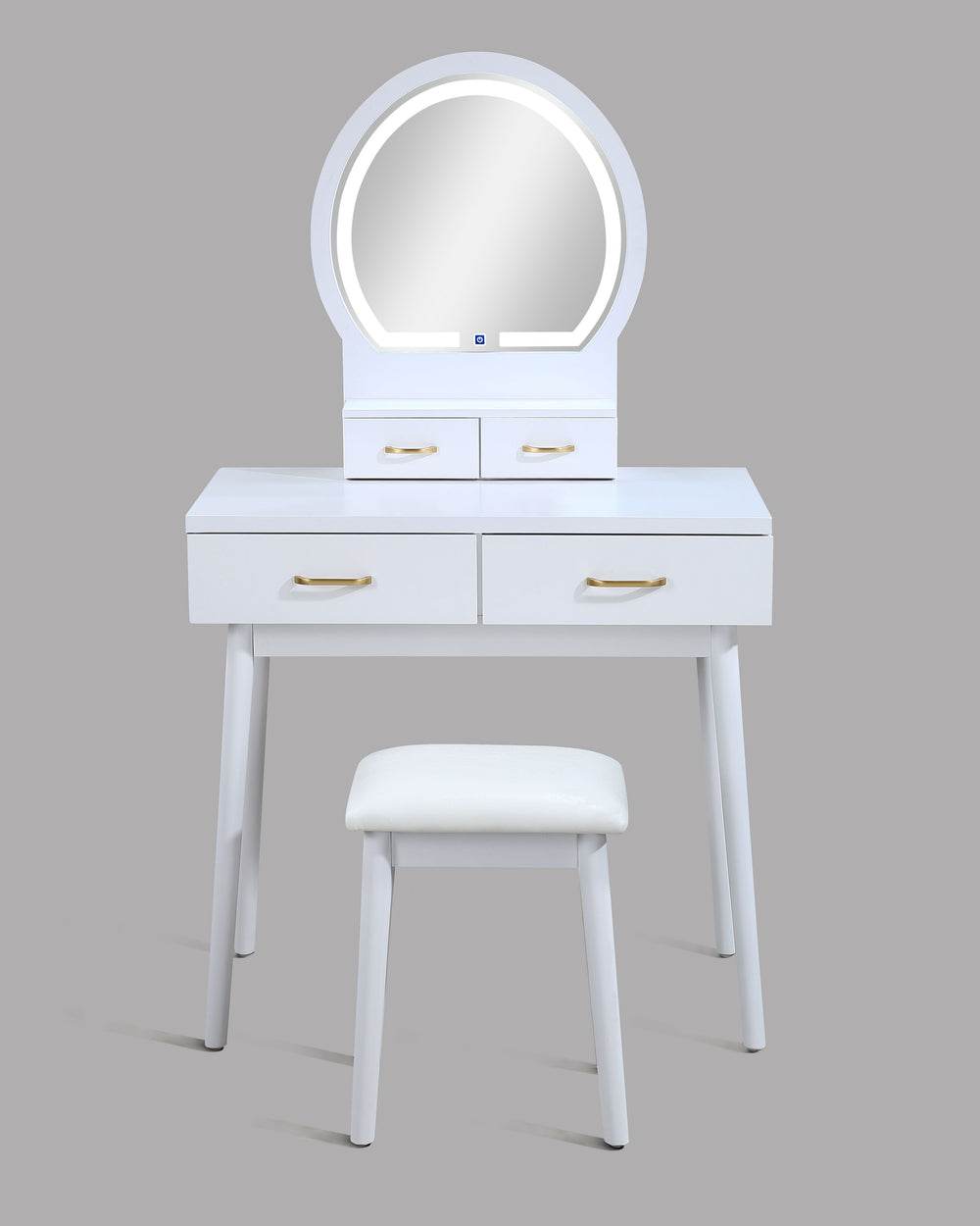 Create a chic and functional centerpiece for your bedroom or dressing area with this elegant vanity set. The sleek, white finish exudes modern sophistication, while the gold-accented handles add a touch of luxury. The built-in LED-lit mirror provides opti